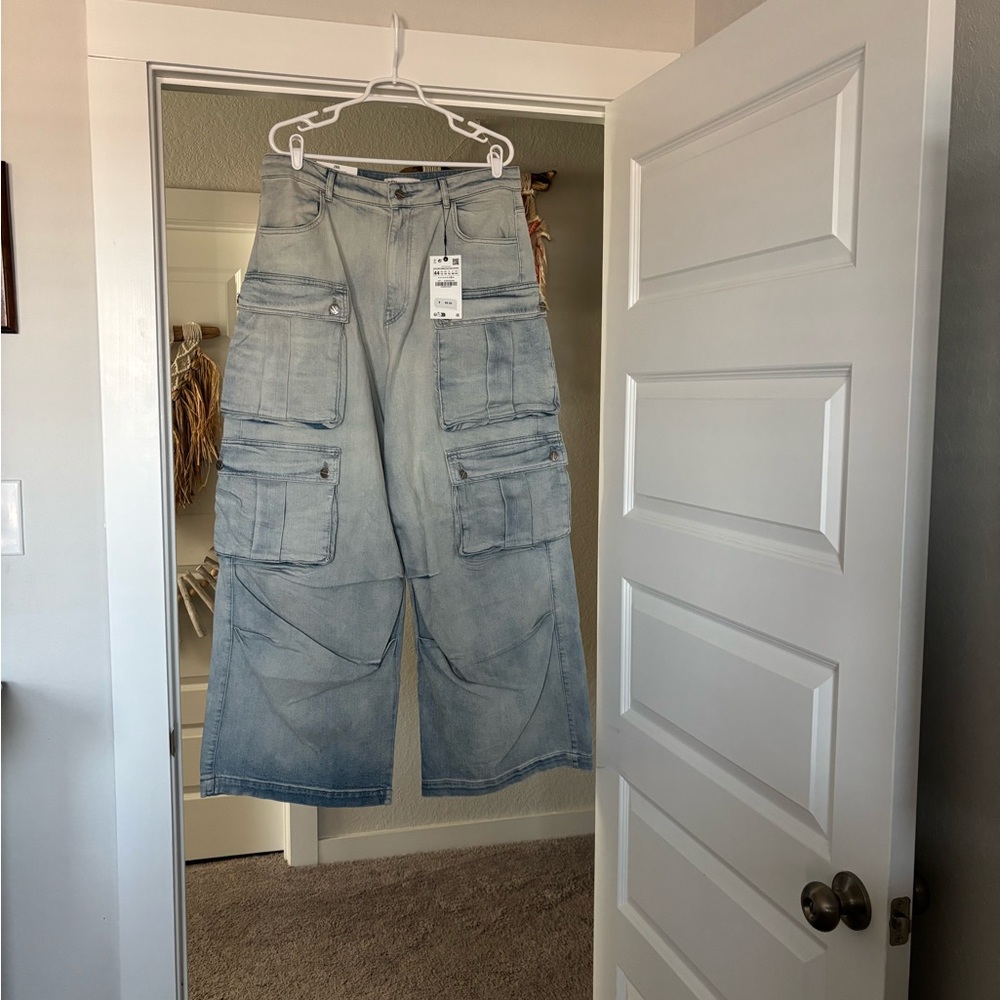 Zara Denim Blue Wide-Leg Cargo Pants